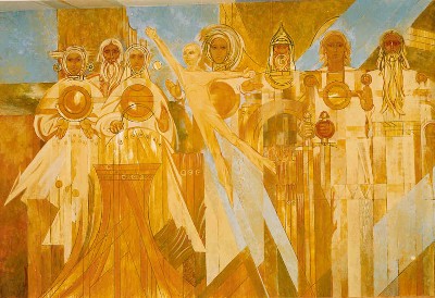 Mural painting in the Memorial Museum of Nikolai Chepik: Fragment: Scene of birth